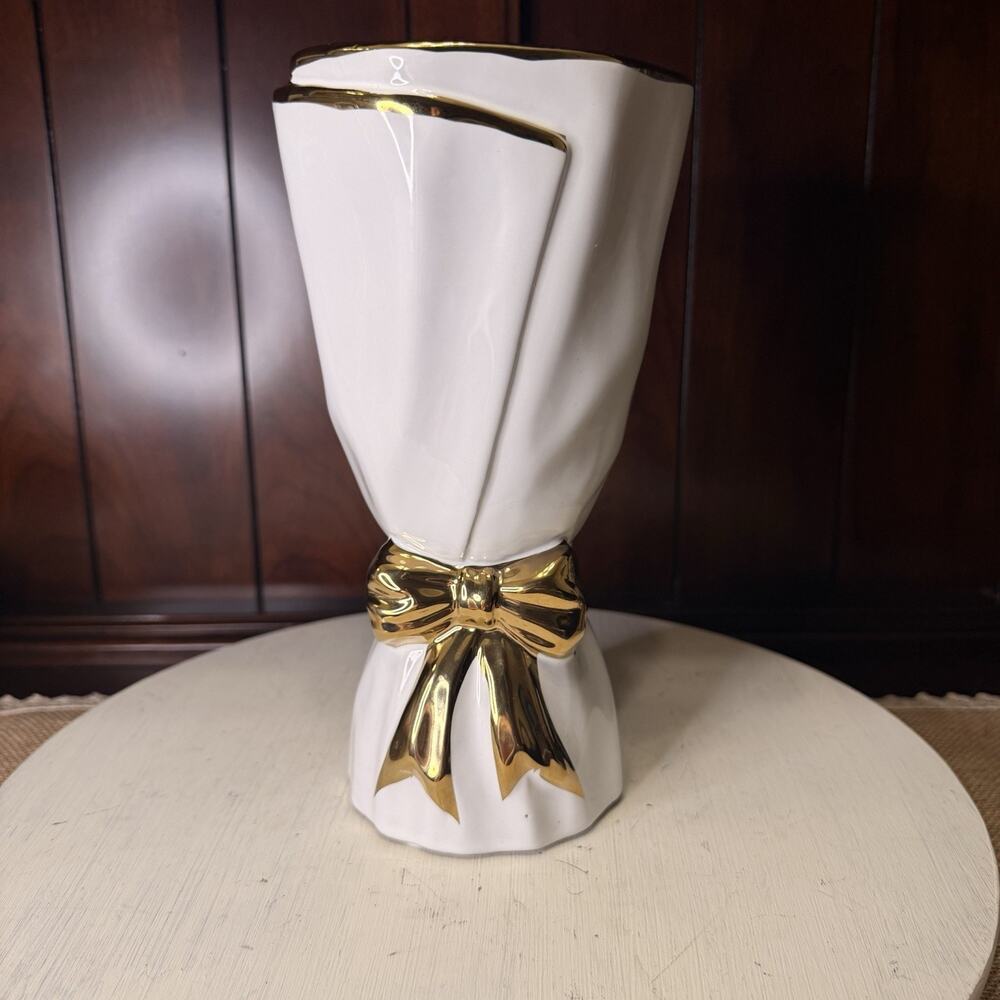 White And Gold Bow Ceramic Flower Bouquet Vase 9.3 Inch Modern